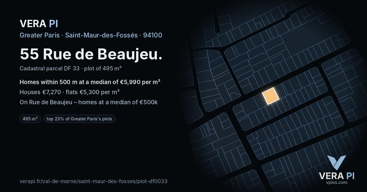 55 Rue de Beaujeu, Saint-Maur-des-Fossés at night – the plot lit, the parcels around coloured by the prices near them
