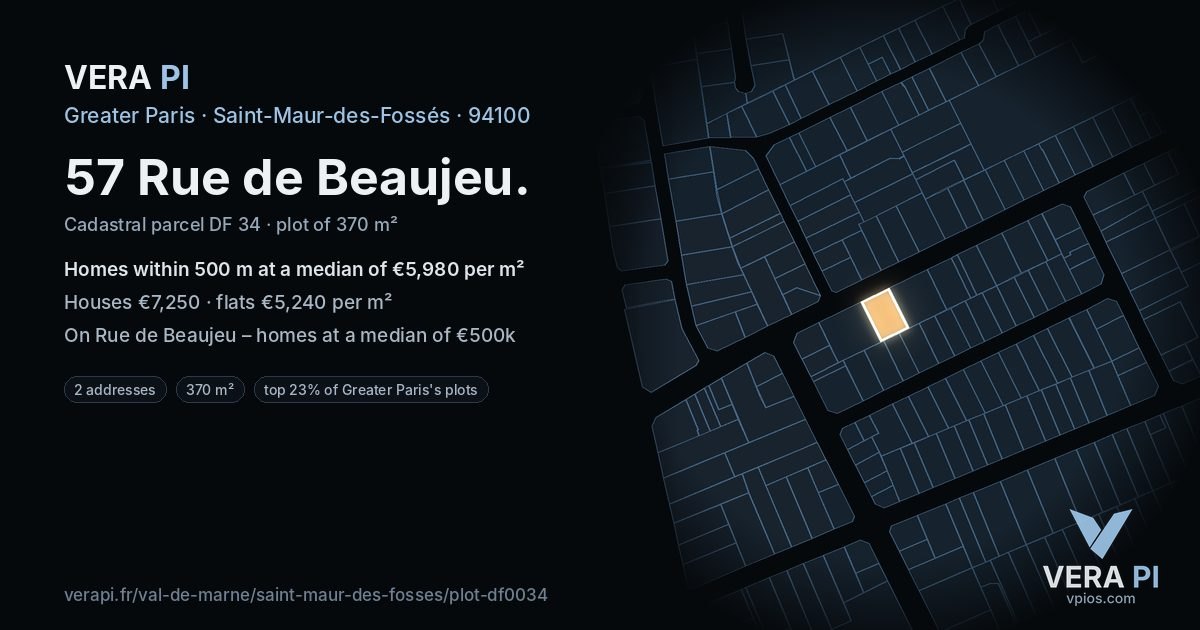 57 Rue de Beaujeu, Saint-Maur-des-Fossés at night – the plot lit, the parcels around coloured by the prices near them