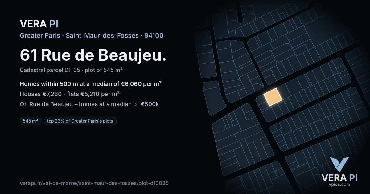 61 Rue de Beaujeu, Saint-Maur-des-Fossés at night – the plot lit, the parcels around coloured by the prices near them