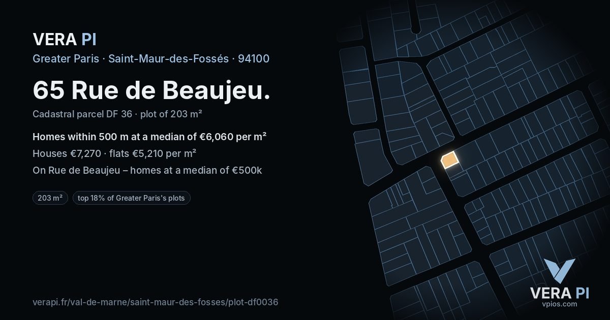 65 Rue de Beaujeu, Saint-Maur-des-Fossés at night – the plot lit, the parcels around coloured by the prices near them