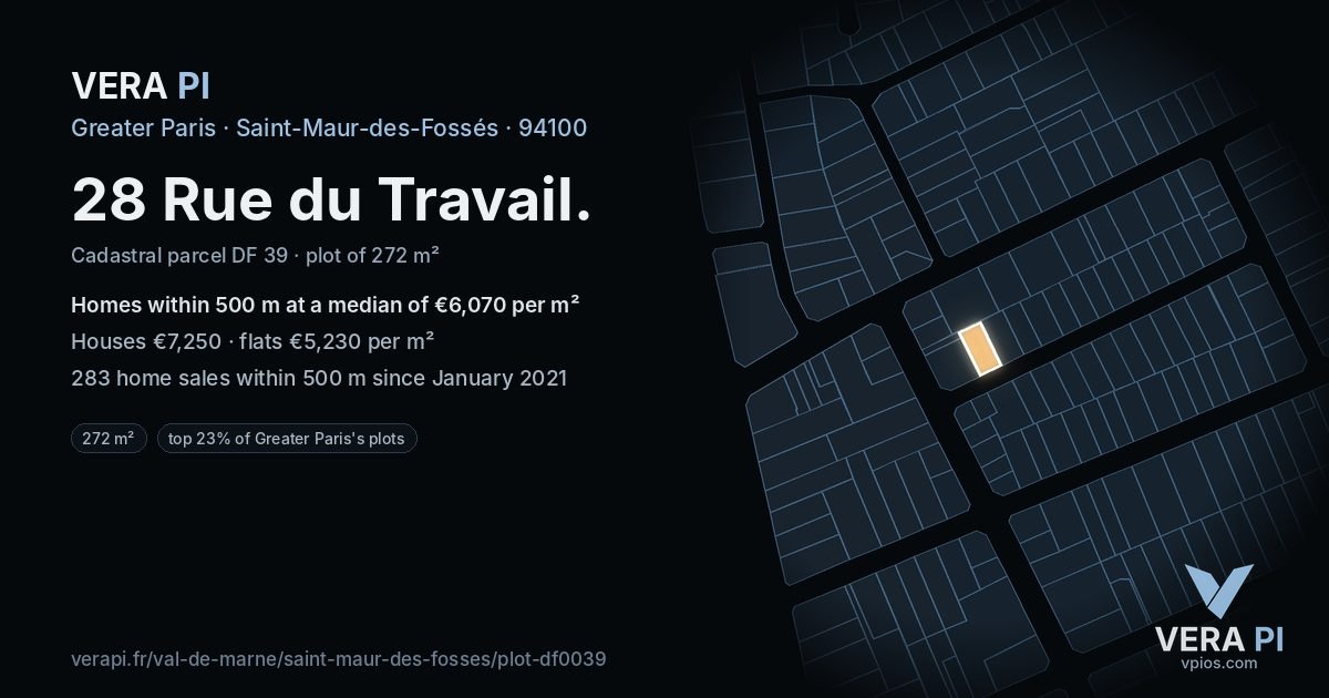 28 Rue du Travail, Saint-Maur-des-Fossés at night – the plot lit, the parcels around coloured by the prices near them