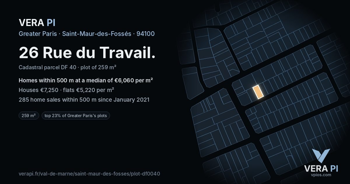26 Rue du Travail, Saint-Maur-des-Fossés at night – the plot lit, the parcels around coloured by the prices near them