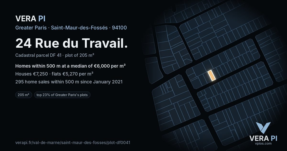 24 Rue du Travail, Saint-Maur-des-Fossés at night – the plot lit, the parcels around coloured by the prices near them