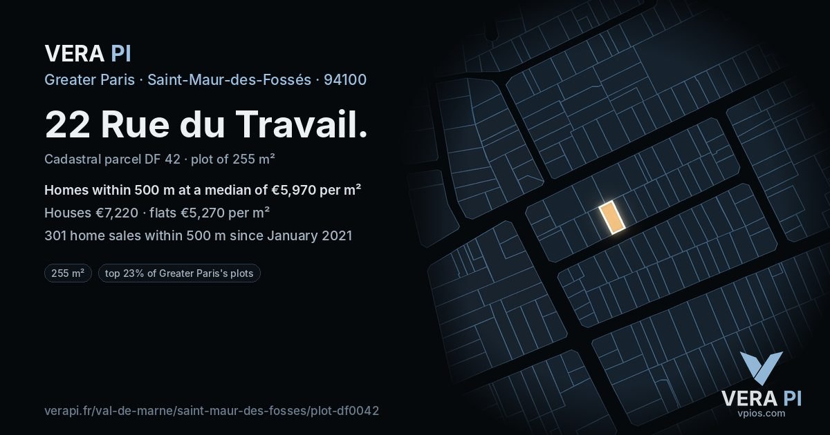 22 Rue du Travail, Saint-Maur-des-Fossés at night – the plot lit, the parcels around coloured by the prices near them