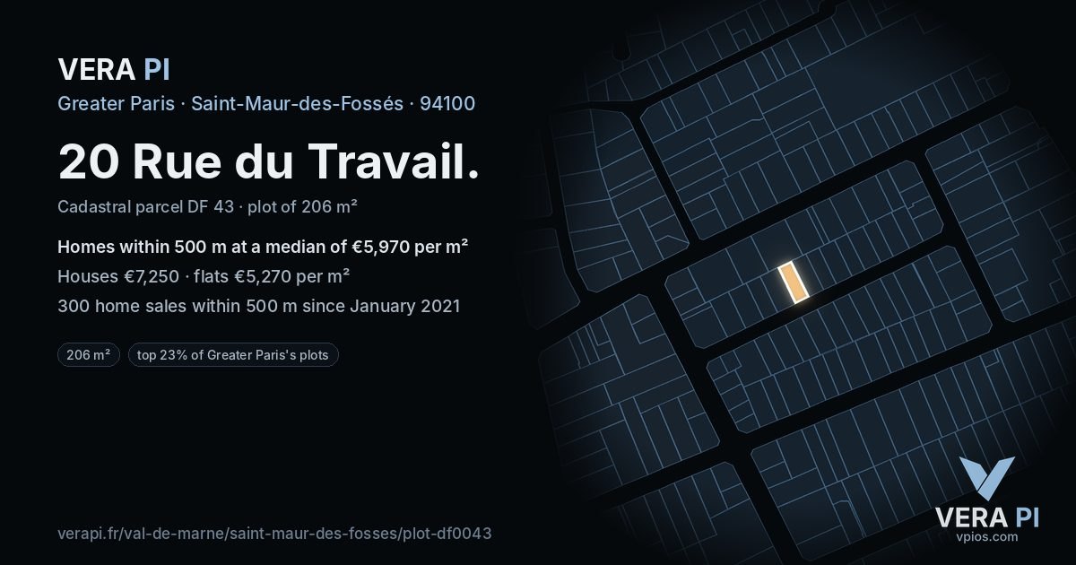 20 Rue du Travail, Saint-Maur-des-Fossés at night – the plot lit, the parcels around coloured by the prices near them