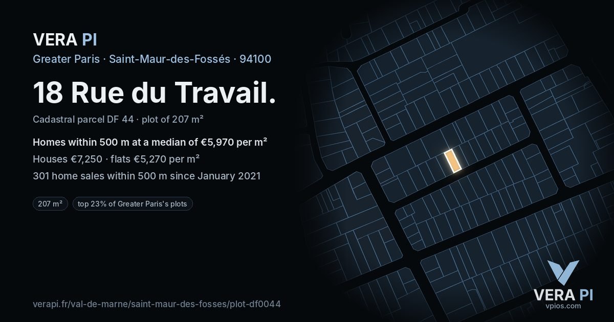 18 Rue du Travail, Saint-Maur-des-Fossés at night – the plot lit, the parcels around coloured by the prices near them