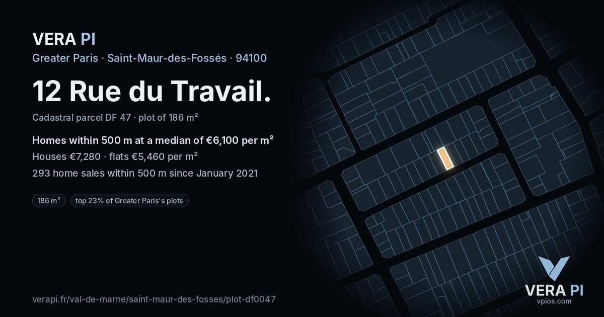 12 Rue du Travail, Saint-Maur-des-Fossés at night – the plot lit, the parcels around coloured by the prices near them