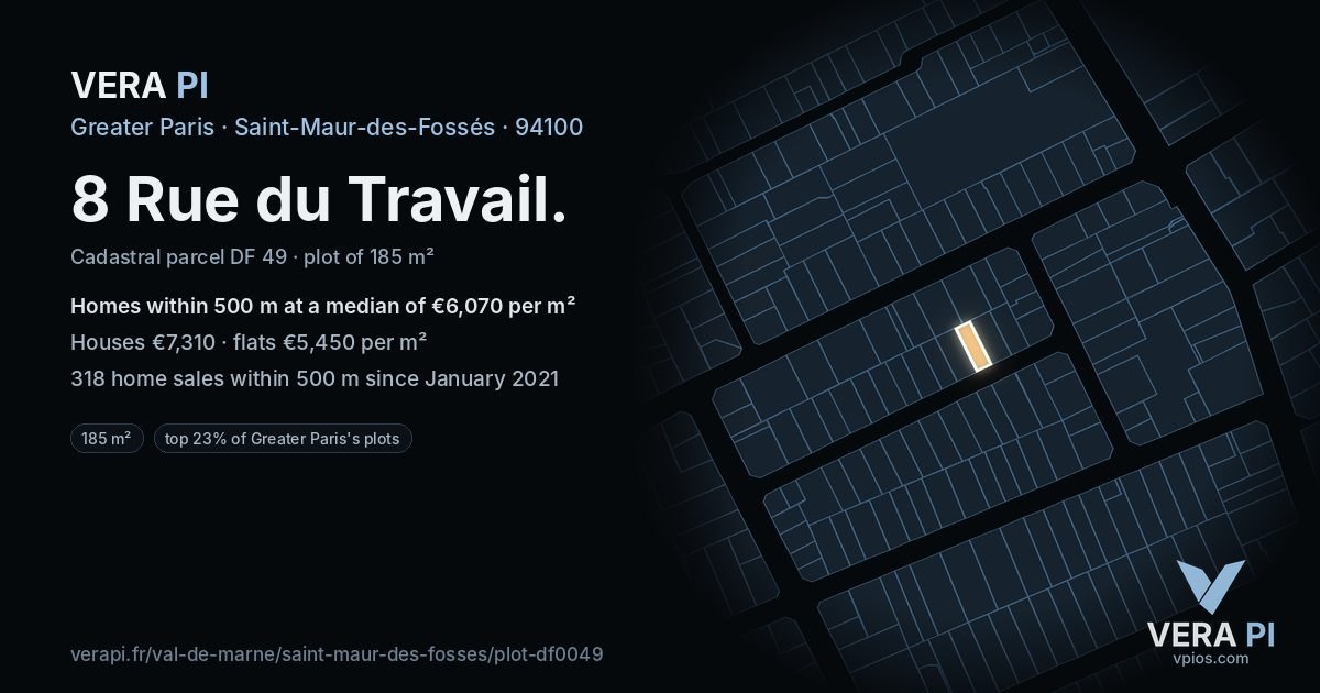 8 Rue du Travail, Saint-Maur-des-Fossés at night – the plot lit, the parcels around coloured by the prices near them
