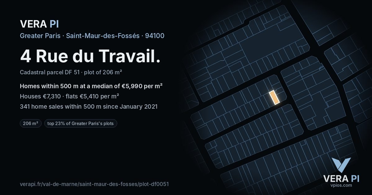 4 Rue du Travail, Saint-Maur-des-Fossés at night – the plot lit, the parcels around coloured by the prices near them