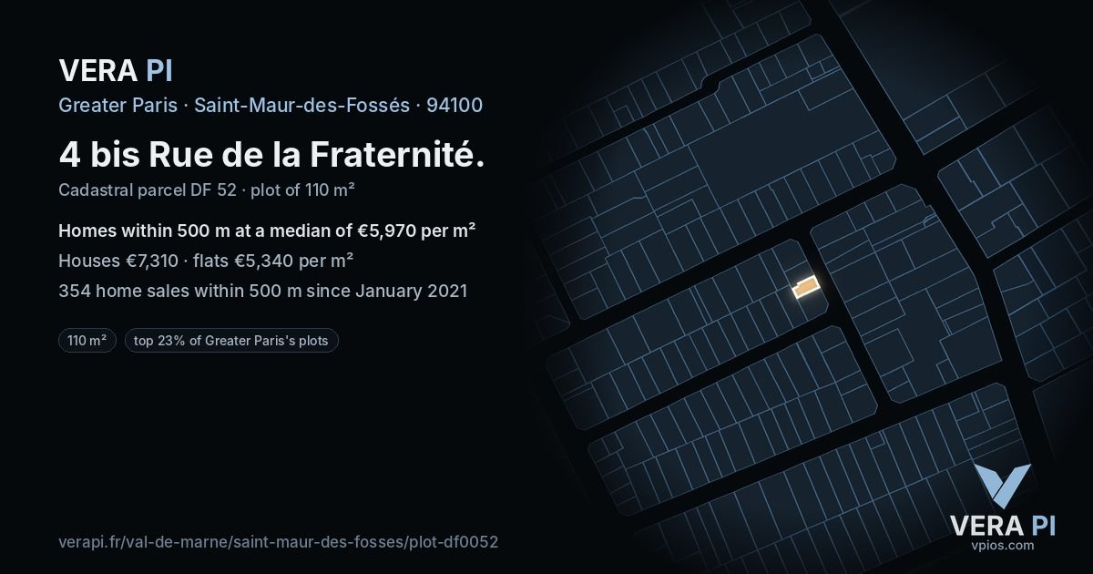 4 bis Rue de la Fraternité, Saint-Maur-des-Fossés at night – the plot lit, the parcels around coloured by the prices near them