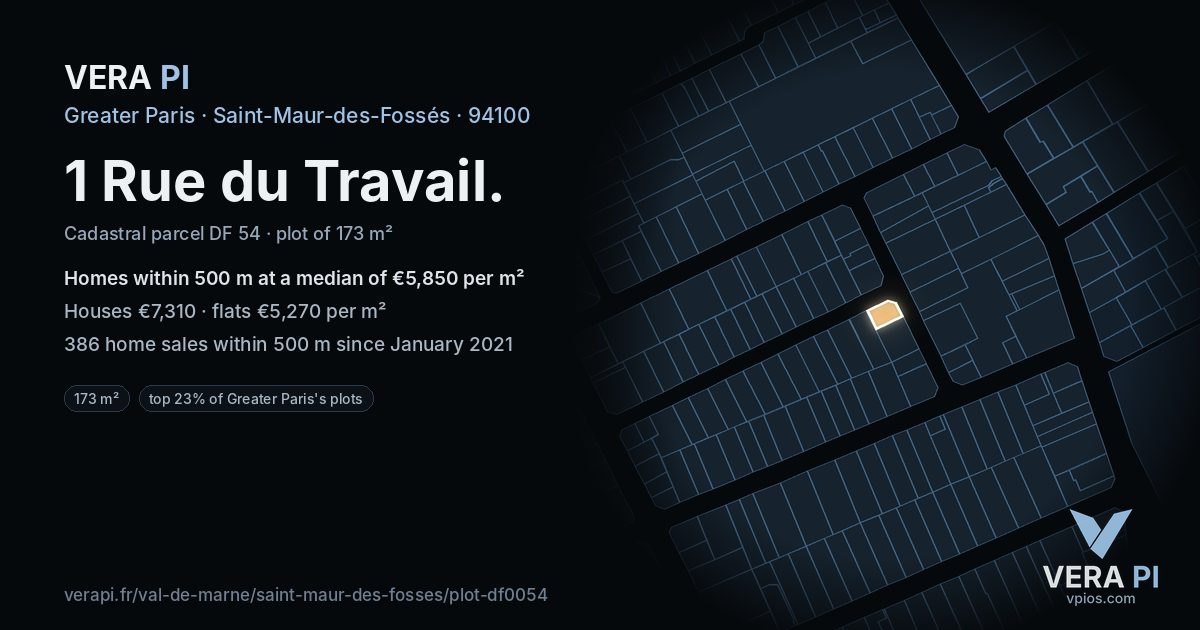 1 Rue du Travail, Saint-Maur-des-Fossés at night – the plot lit, the parcels around coloured by the prices near them