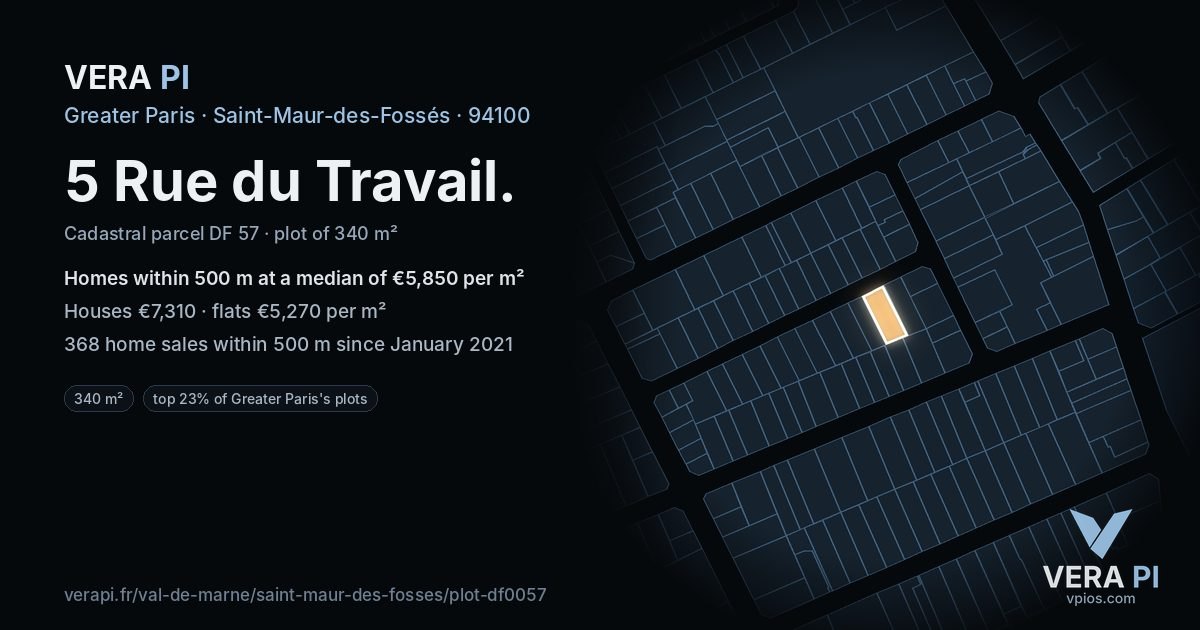 5 Rue du Travail, Saint-Maur-des-Fossés at night – the plot lit, the parcels around coloured by the prices near them