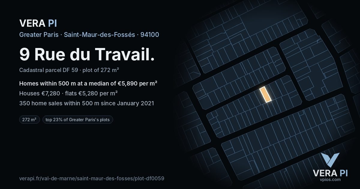 9 Rue du Travail, Saint-Maur-des-Fossés at night – the plot lit, the parcels around coloured by the prices near them
