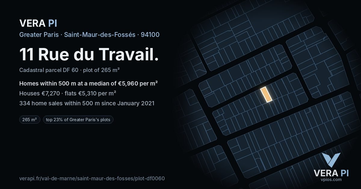 11 Rue du Travail, Saint-Maur-des-Fossés at night – the plot lit, the parcels around coloured by the prices near them