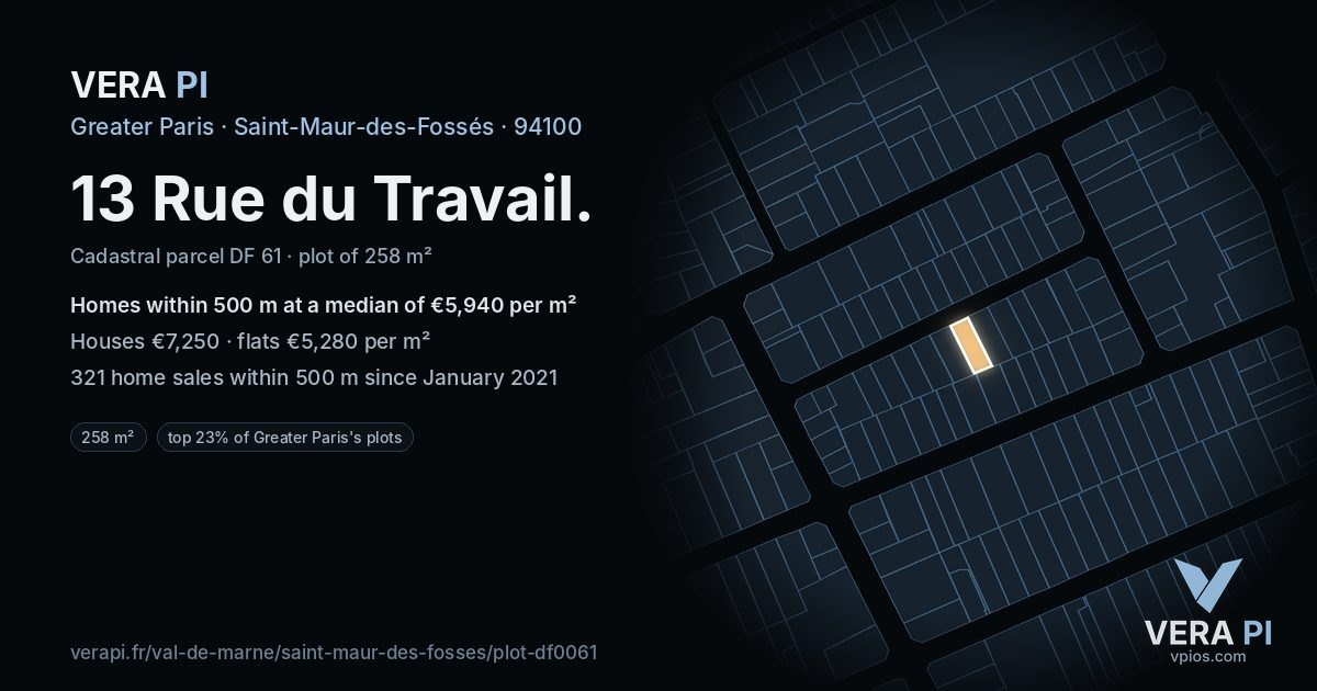 13 Rue du Travail, Saint-Maur-des-Fossés at night – the plot lit, the parcels around coloured by the prices near them