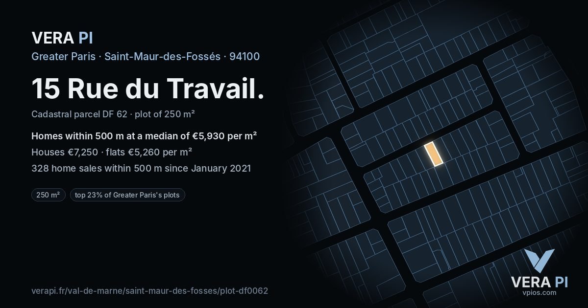 15 Rue du Travail, Saint-Maur-des-Fossés at night – the plot lit, the parcels around coloured by the prices near them