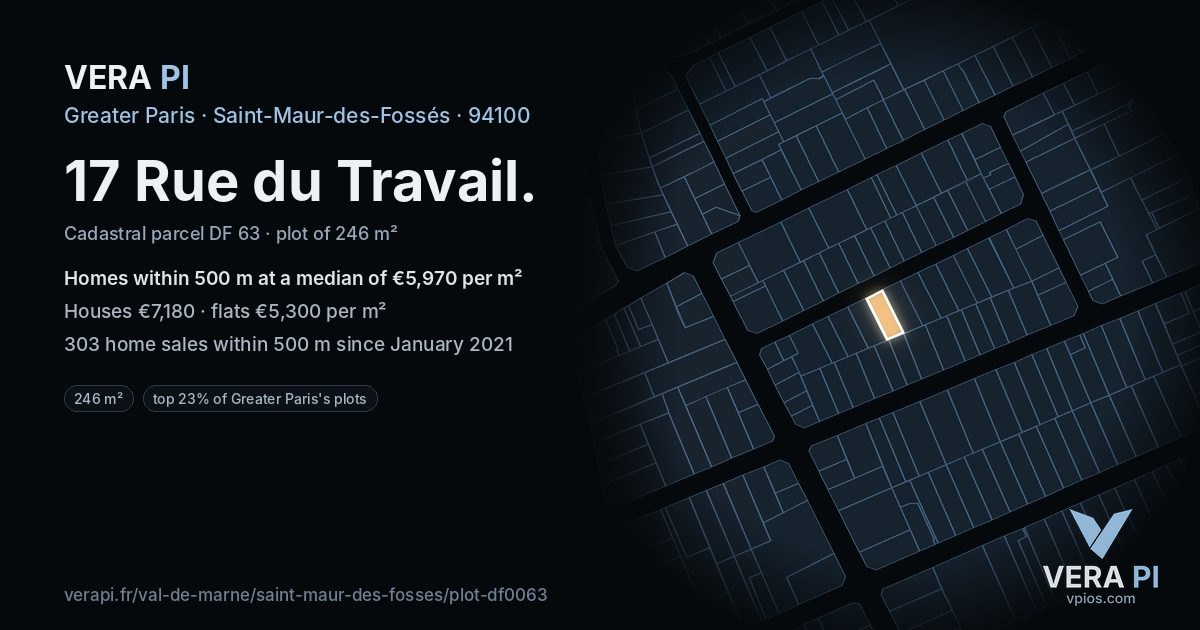 17 Rue du Travail, Saint-Maur-des-Fossés at night – the plot lit, the parcels around coloured by the prices near them