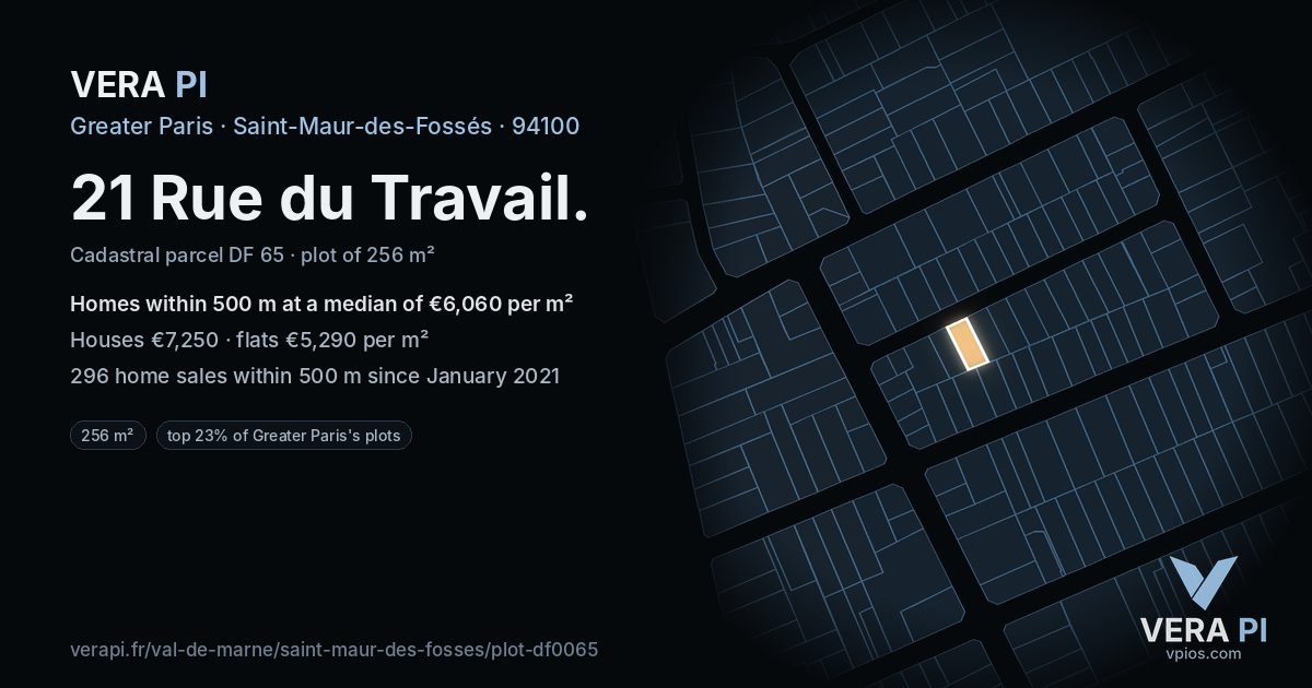 21 Rue du Travail, Saint-Maur-des-Fossés at night – the plot lit, the parcels around coloured by the prices near them