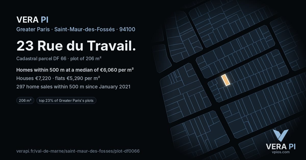 23 Rue du Travail, Saint-Maur-des-Fossés at night – the plot lit, the parcels around coloured by the prices near them