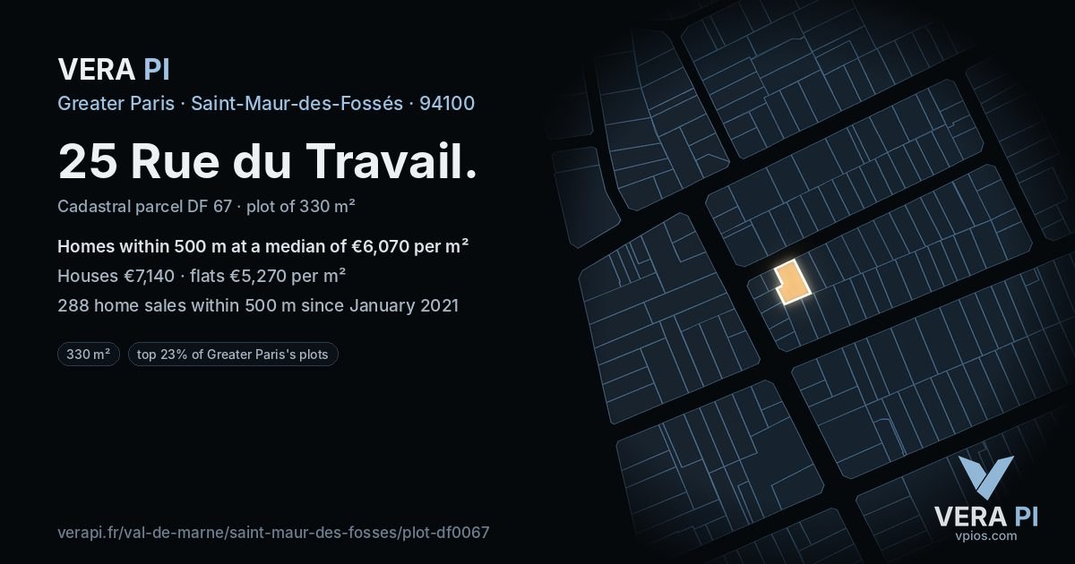 25 Rue du Travail, Saint-Maur-des-Fossés at night – the plot lit, the parcels around coloured by the prices near them