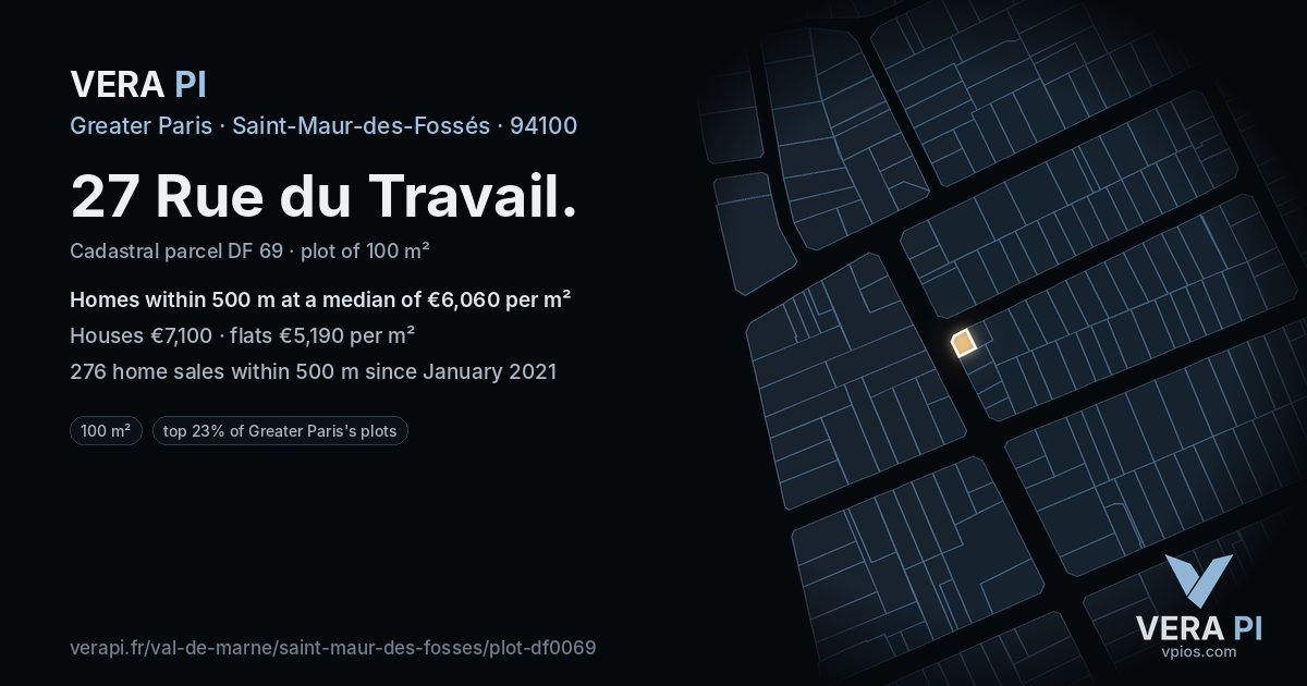 27 Rue du Travail, Saint-Maur-des-Fossés at night – the plot lit, the parcels around coloured by the prices near them