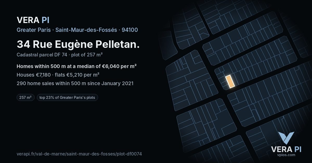 34 Rue Eugène Pelletan, Saint-Maur-des-Fossés at night – the plot lit, the parcels around coloured by the prices near them
