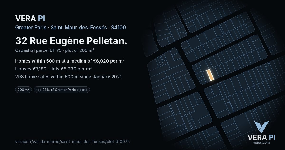 32 Rue Eugène Pelletan, Saint-Maur-des-Fossés at night – the plot lit, the parcels around coloured by the prices near them