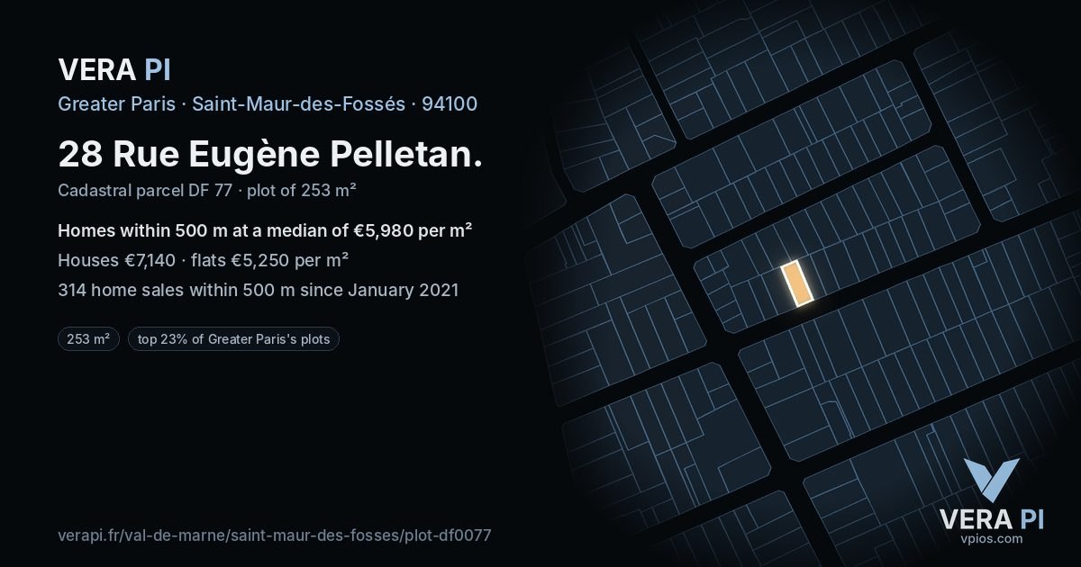 28 Rue Eugène Pelletan, Saint-Maur-des-Fossés at night – the plot lit, the parcels around coloured by the prices near them