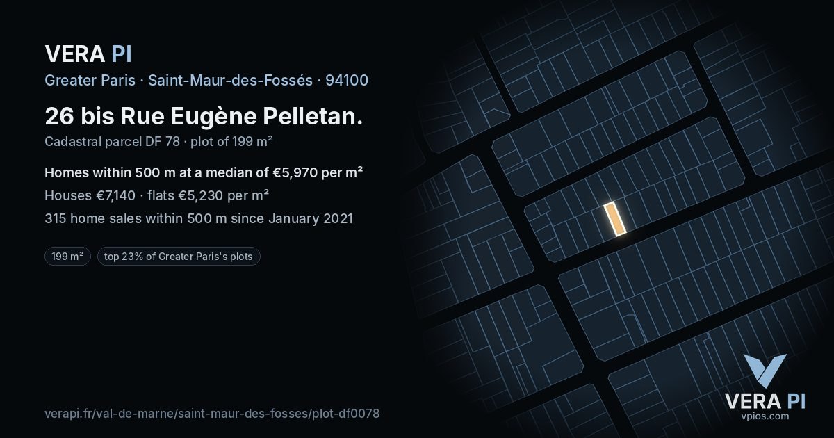 26 bis Rue Eugène Pelletan, Saint-Maur-des-Fossés at night – the plot lit, the parcels around coloured by the prices near them