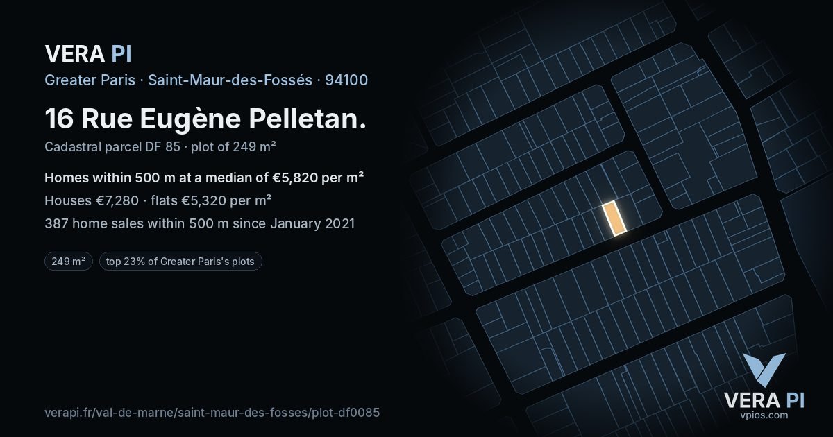 16 Rue Eugène Pelletan, Saint-Maur-des-Fossés at night – the plot lit, the parcels around coloured by the prices near them