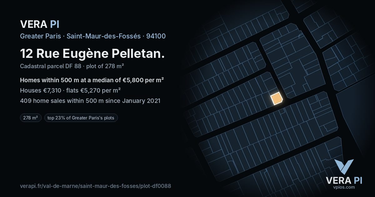 12 Rue Eugène Pelletan, Saint-Maur-des-Fossés at night – the plot lit, the parcels around coloured by the prices near them