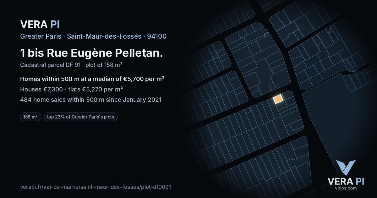 1 bis Rue Eugène Pelletan, Saint-Maur-des-Fossés at night – the plot lit, the parcels around coloured by the prices near them