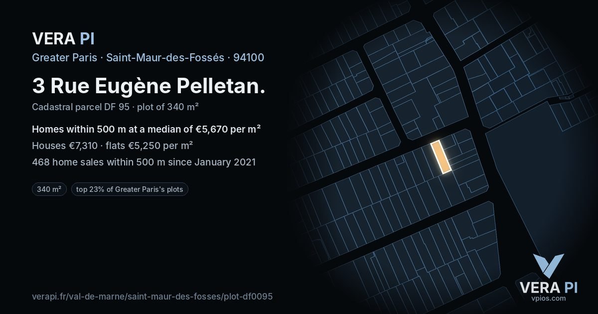 3 Rue Eugène Pelletan, Saint-Maur-des-Fossés at night – the plot lit, the parcels around coloured by the prices near them