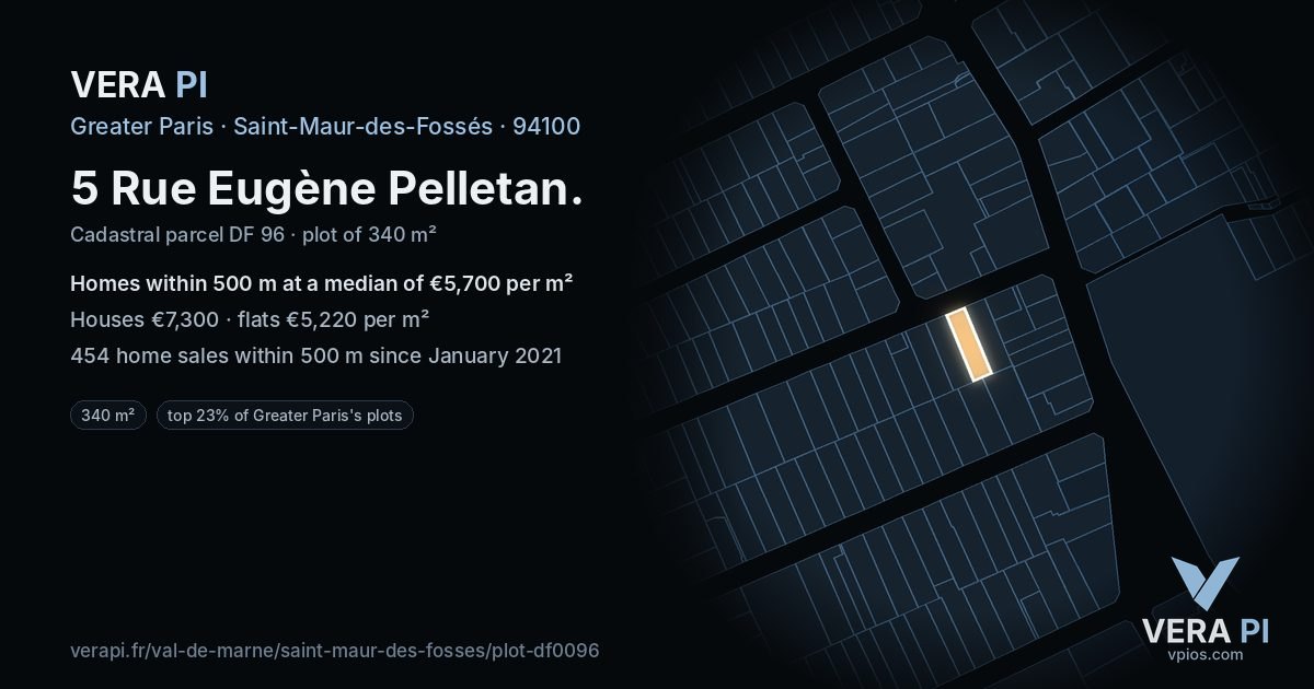5 Rue Eugène Pelletan, Saint-Maur-des-Fossés at night – the plot lit, the parcels around coloured by the prices near them