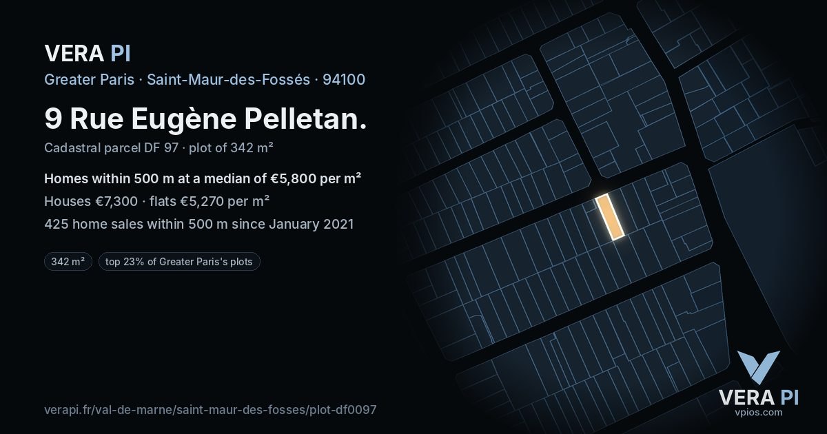 9 Rue Eugène Pelletan, Saint-Maur-des-Fossés at night – the plot lit, the parcels around coloured by the prices near them