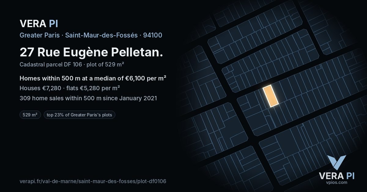 27 Rue Eugène Pelletan, Saint-Maur-des-Fossés at night – the plot lit, the parcels around coloured by the prices near them