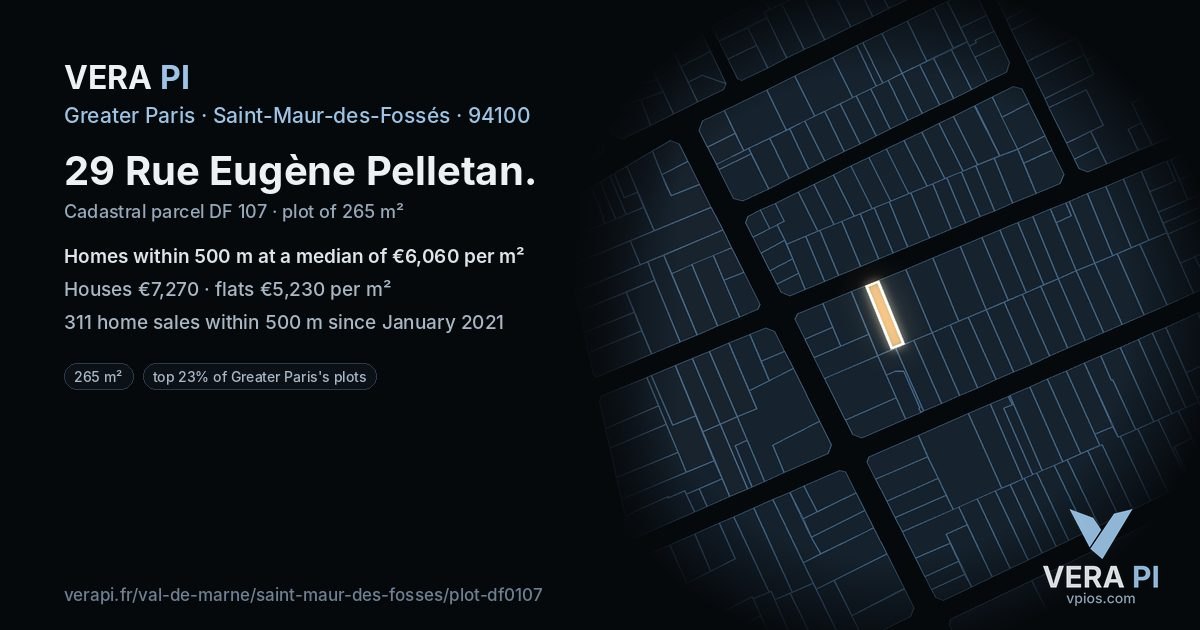 29 Rue Eugène Pelletan, Saint-Maur-des-Fossés at night – the plot lit, the parcels around coloured by the prices near them