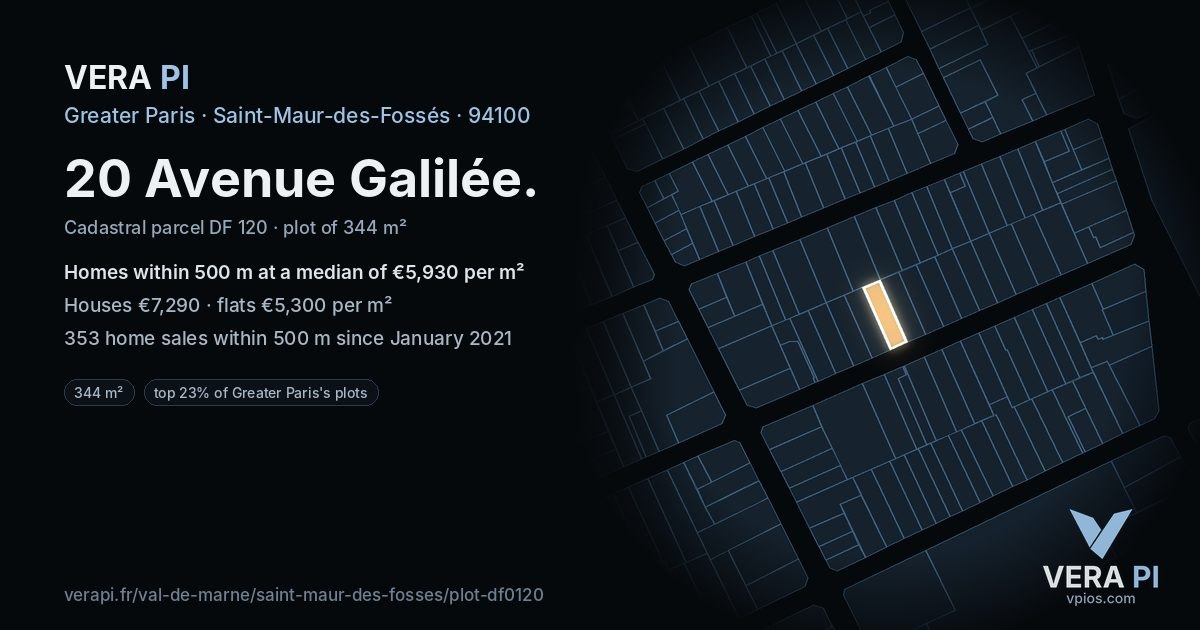 20 Avenue Galilée, Saint-Maur-des-Fossés at night – the plot lit, the parcels around coloured by the prices near them