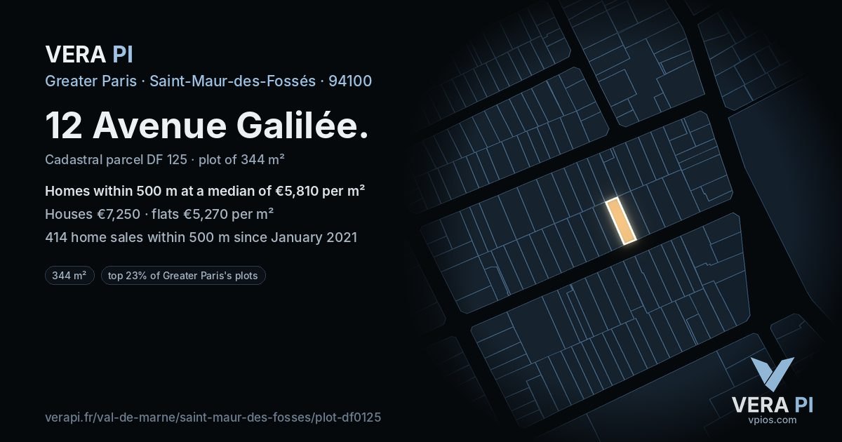 12 Avenue Galilée, Saint-Maur-des-Fossés at night – the plot lit, the parcels around coloured by the prices near them