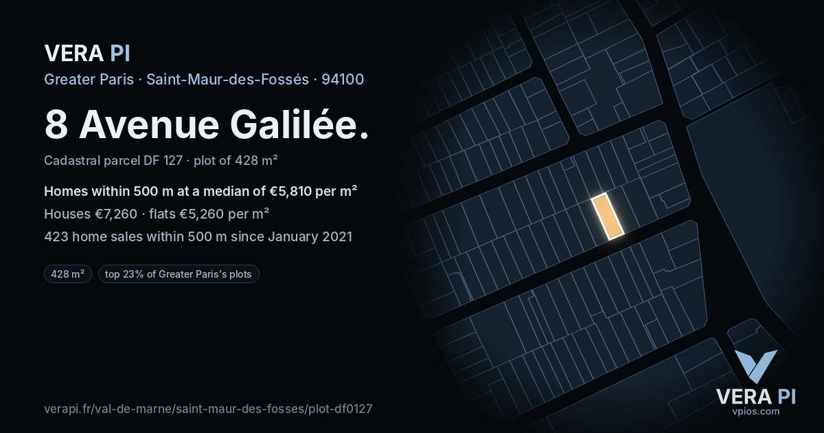 8 Avenue Galilée, Saint-Maur-des-Fossés at night – the plot lit, the parcels around coloured by the prices near them