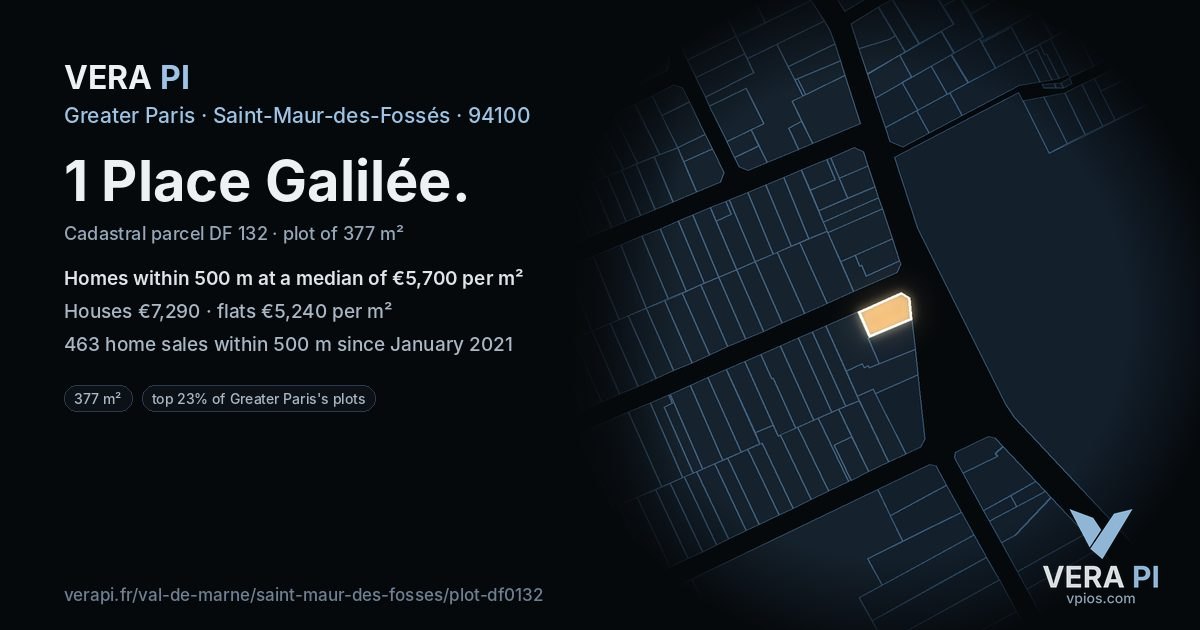 1 Place Galilée, Saint-Maur-des-Fossés at night – the plot lit, the parcels around coloured by the prices near them