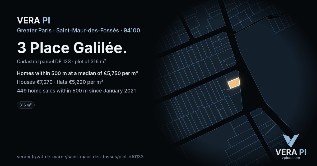 3 Place Galilée, Saint-Maur-des-Fossés at night – the plot lit, the parcels around coloured by the prices near them