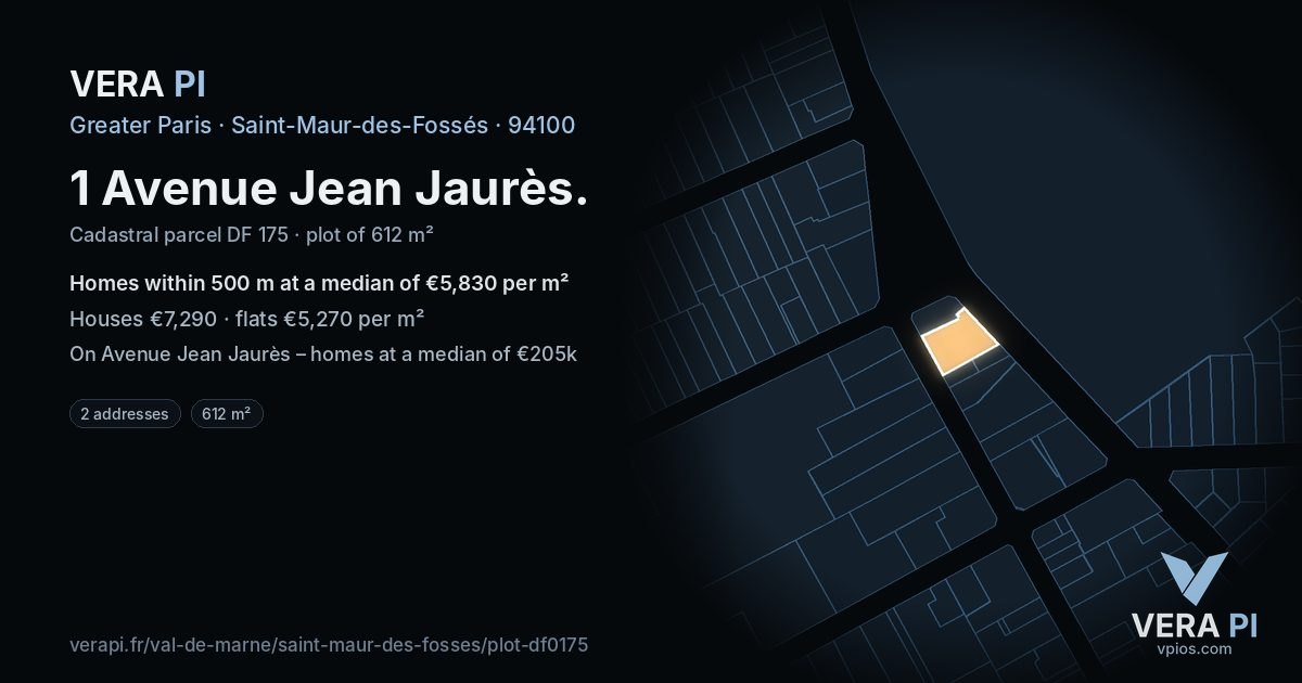 1 Avenue Jean Jaurès, Saint-Maur-des-Fossés at night – the plot lit, the parcels around coloured by the prices near them