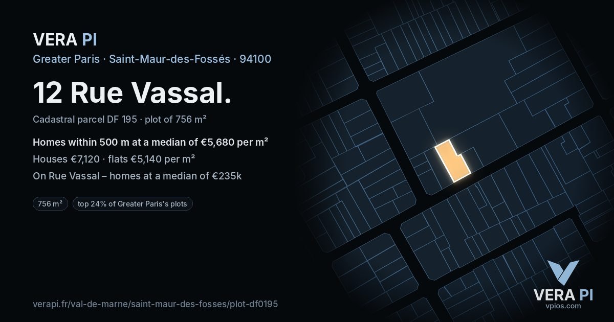 12 Rue Vassal, Saint-Maur-des-Fossés at night – the plot lit, the parcels around coloured by the prices near them