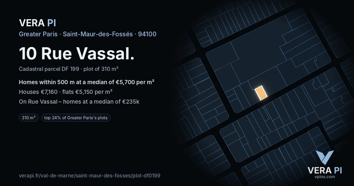 10 Rue Vassal, Saint-Maur-des-Fossés at night – the plot lit, the parcels around coloured by the prices near them