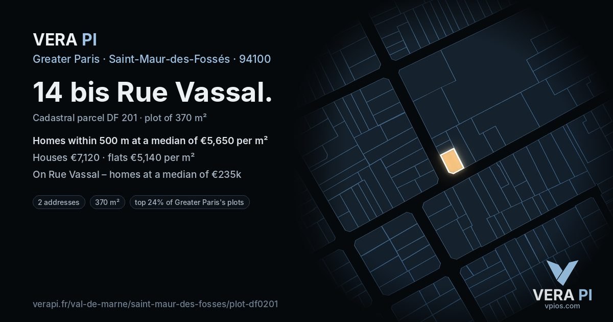 14 bis Rue Vassal, Saint-Maur-des-Fossés at night – the plot lit, the parcels around coloured by the prices near them