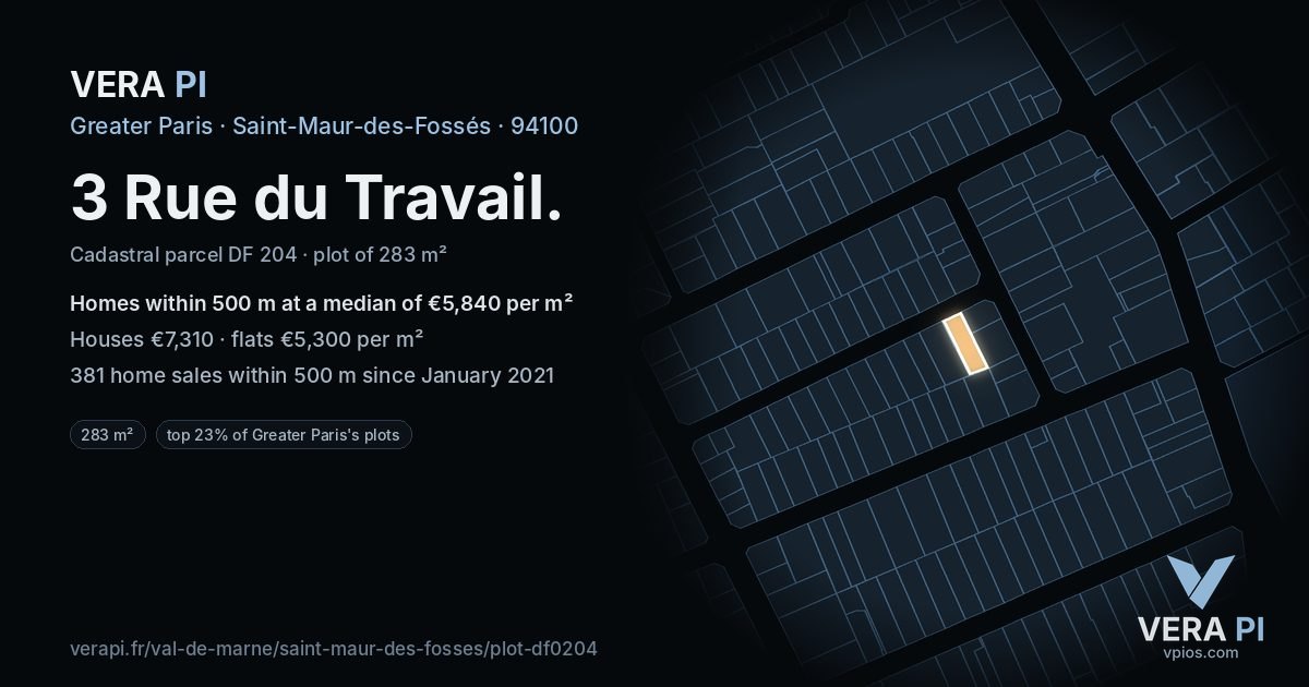 3 Rue du Travail, Saint-Maur-des-Fossés at night – the plot lit, the parcels around coloured by the prices near them
