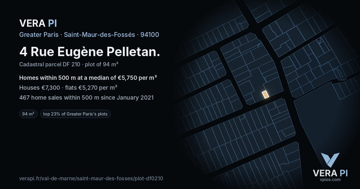 4 Rue Eugène Pelletan, Saint-Maur-des-Fossés at night – the plot lit, the parcels around coloured by the prices near them