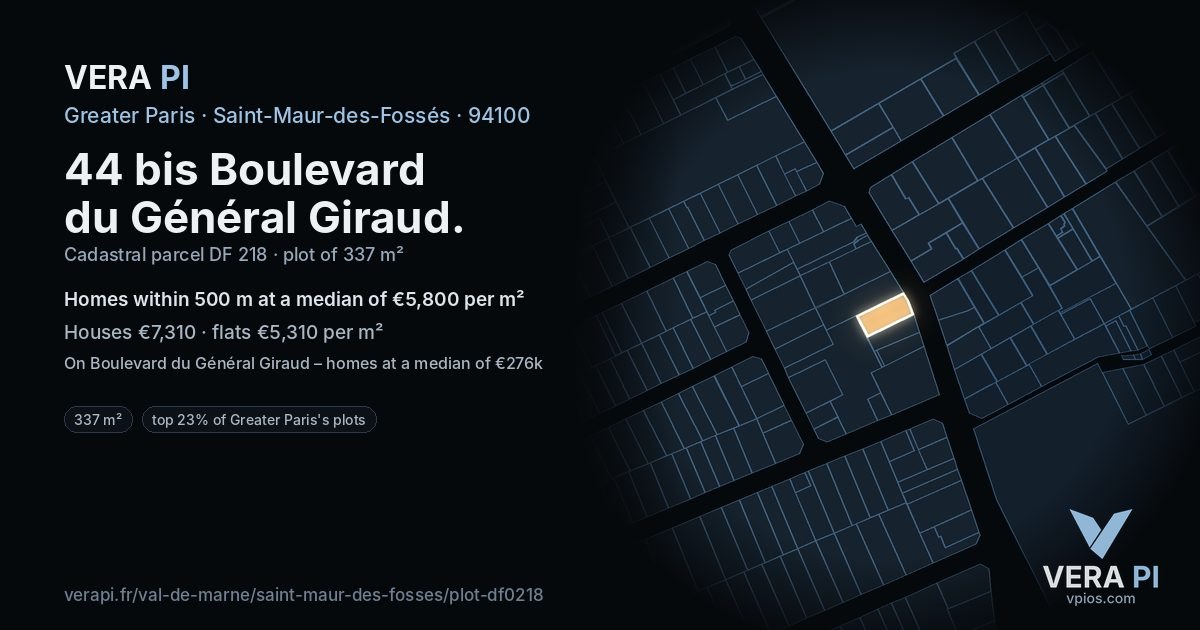 44 bis Boulevard du Général Giraud, Saint-Maur-des-Fossés at night – the plot lit, the parcels around coloured by the prices near them