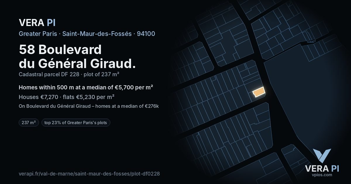 58 Boulevard du Général Giraud, Saint-Maur-des-Fossés at night – the plot lit, the parcels around coloured by the prices near them
